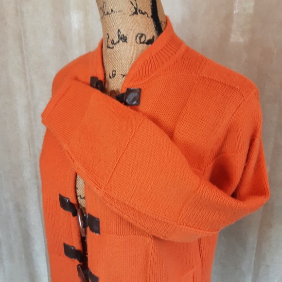 Pumpkin Orange Acrylic Button Cardigan Wood Leather Buttons Size S - Picture 5 of 10